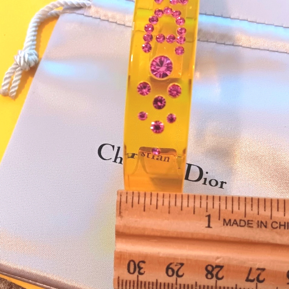 💛 Christian Dior Yellow Acrylic Cuff Bracelet w/Pink Rhinestones NWT! - Picture 9 of 15